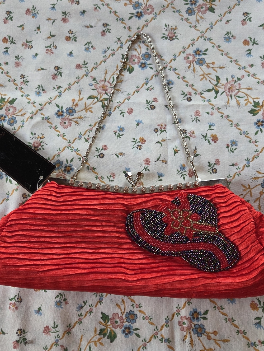 Red Beaded Evening Clutch with Chain Strap